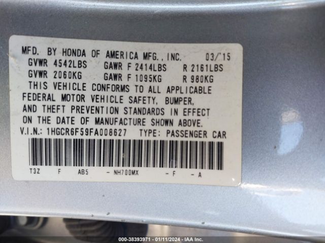 1HGCR6F59FA008627 Honda Accord Hybrid Ex-l