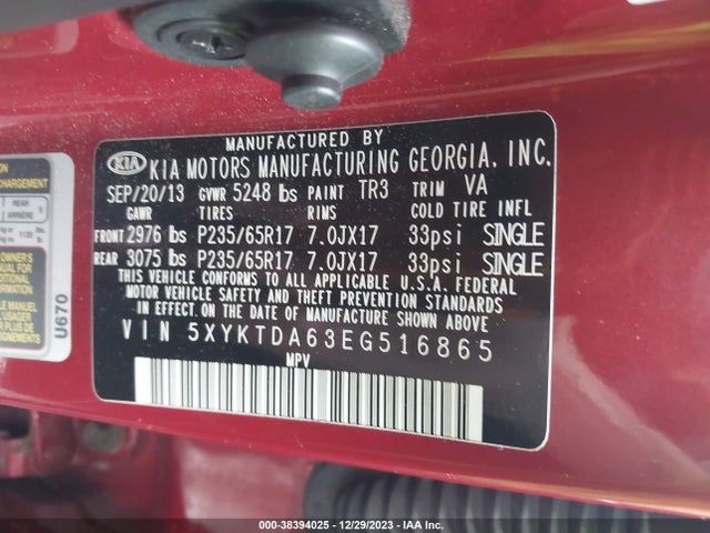 KIA SORENTO LX 2014 5XYKTDA63EG516865 Image 9
