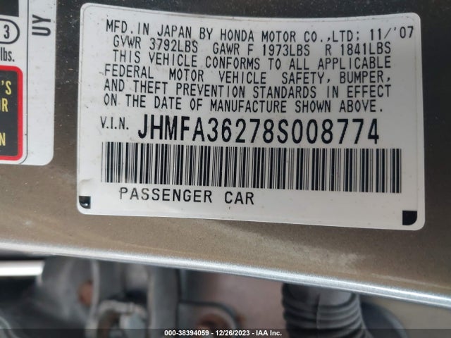 2008 HONDA CIVIC HYBRID VIN: JHMFA36278S008774