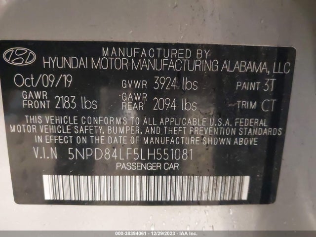 2020 HYUNDAI ELANTRA SEL VIN: 5NPD84LF5LH551081