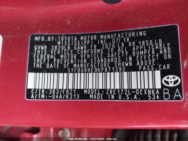 5YFBURHE9KP871392 Toyota COROLLA LE