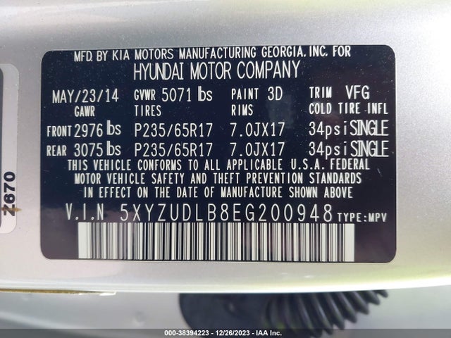 2014 HYUNDAI SANTA FE SPORT 2.4L VIN: 5XYZUDLB8EG200948