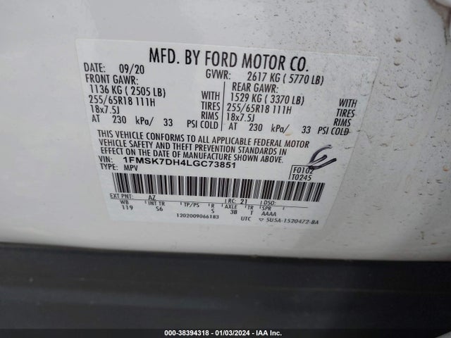 2020 FORD EXPLORER XLT VIN: 1FMSK7DH4LGC73851