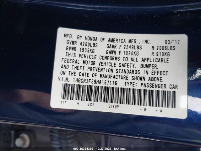 Honda ACCORD LX 2017 1HGCR2F39HA187116 Image 9