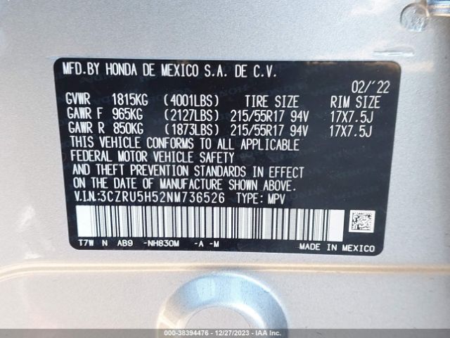 3CZRU5H52NM736526 Honda Hr-v 2wd Ex