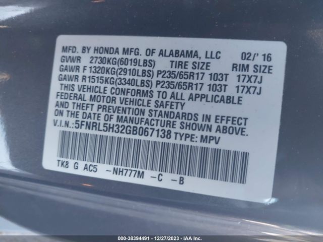 5FNRL5H32GB067138 Honda ODYSSEY SE