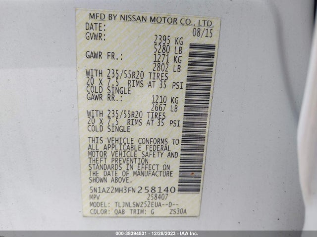 Nissan Murano Platinum 2015 5N1AZ2MH3FN258140 Image 9