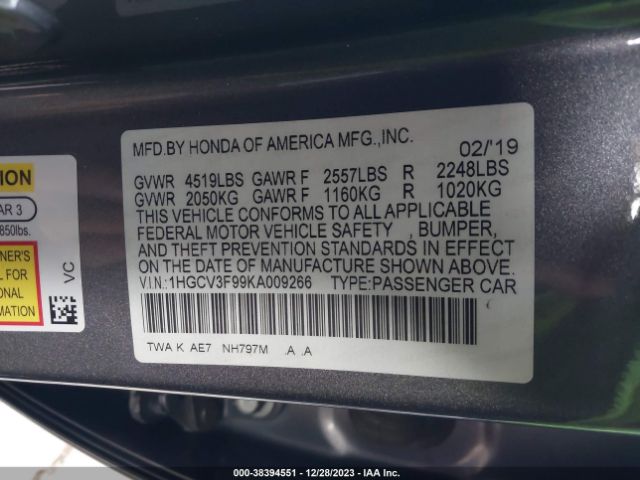1HGCV3F99KA009266 Honda Accord Hybrid Touring