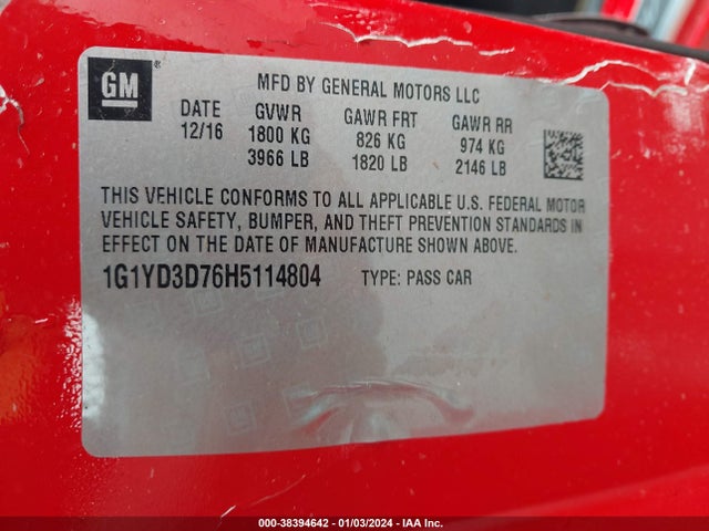 Chevrolet CORVETTE STINGRAY 2017 1G1YD3D76H5114804 Image 9