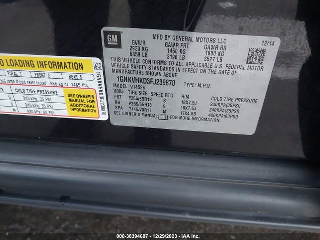 Chevrolet Traverse 2lt 2015 1GNKVHKD3FJ239870 Image 9