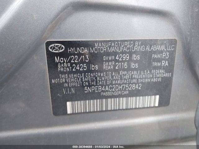 2013 HYUNDAI SONATA GLS VIN: 5NPEB4AC2DH752842