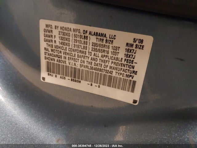 2008 HONDA ODYSSEY EX VIN: 5FNRL38468B075242