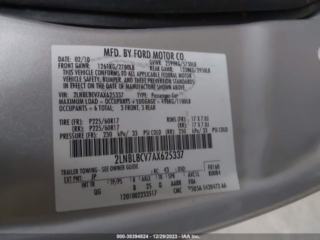 2010 LINCOLN TOWN CAR SIGNATURE LIMITED VIN: 2LNBL8CV7AX625337