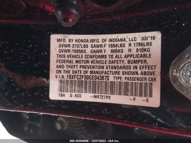 Honda Civic Lx 2016 19XFC2F50GE043870 Image 9