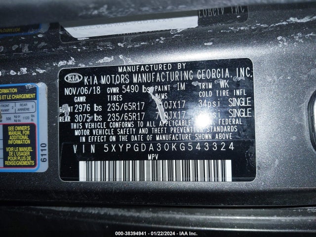 2019 KIA SORENTO 2.4L LX VIN: 5XYPGDA30KG543324