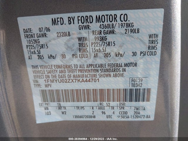 2007 FORD ESCAPE XLS/XLS MANUAL VIN: 1FMYU02ZX7KA44701