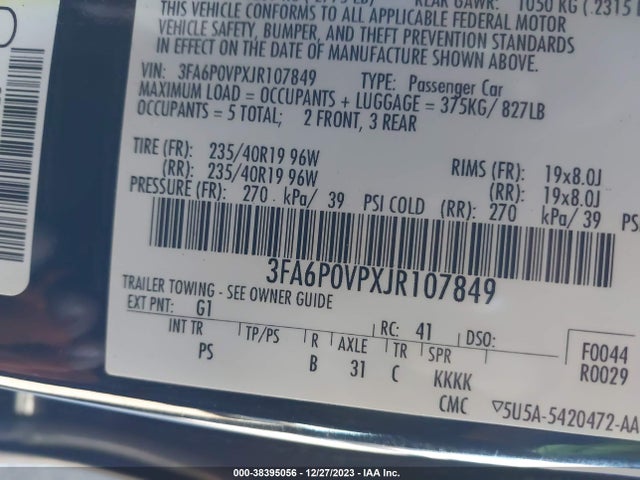 3FA6P0VPXJR107849 Ford Fusion Sport