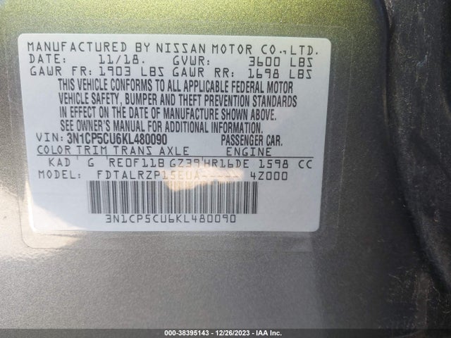 2019 NISSAN KICKS S VIN: 3N1CP5CU6KL480090