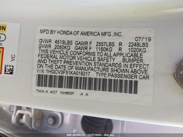 1HGCV3F51KA018217 Honda Accord Hybrid Ex-l