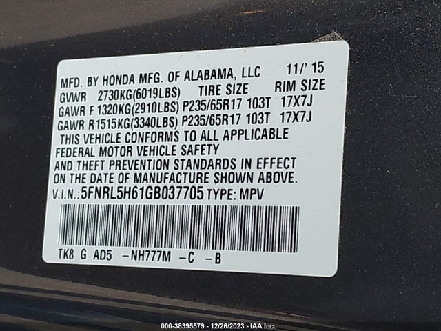 Honda Odyssey Ex-l 2016 5FNRL5H61GB037705 Image 9