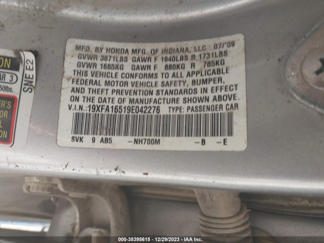 2009 HONDA CIVIC LX VIN: 19XFA16519E042276