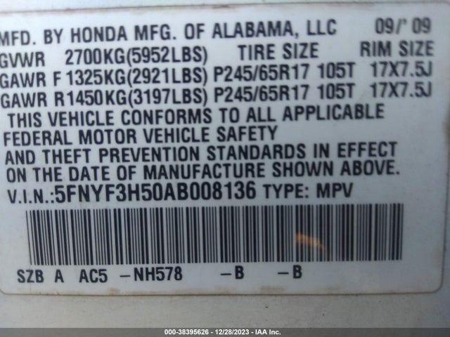 2010 HONDA PILOT EX-L VIN: 5FNYF3H50AB008136