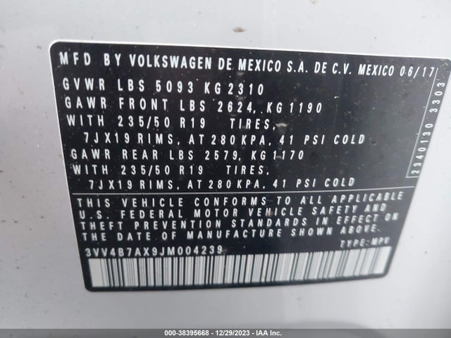 2018 VOLKSWAGEN TIGUAN 2.0T SEL PREMIUM VIN: 3VV4B7AX9JM004239
