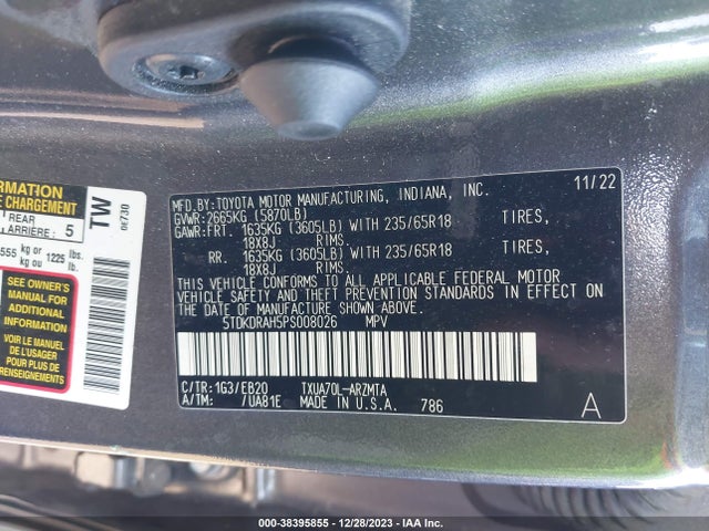 Toyota Highlander Xle 2023 5TDKDRAH5PS008026 Image 9