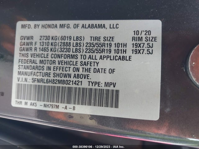 2021 HONDA ODYSSEY TOURING VIN: 5FNRL6H82MB021421