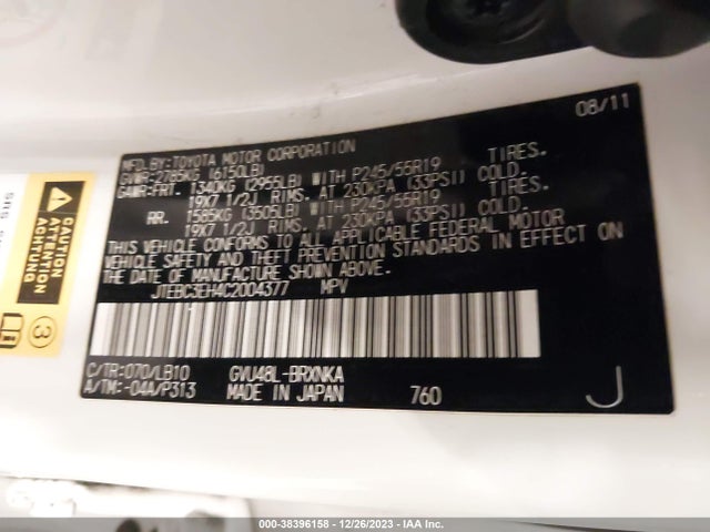 2012 TOYOTA HIGHLANDER HYBRID BASE V6 VIN: JTEBC3EH4C2004377