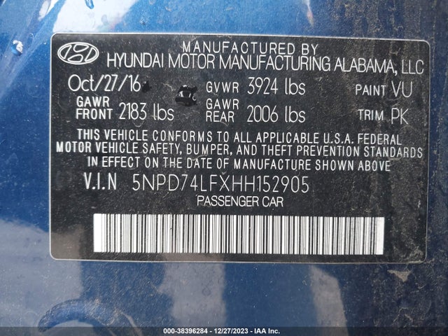 2017 HYUNDAI ELANTRA SE VIN: 5NPD74LFXHH152905