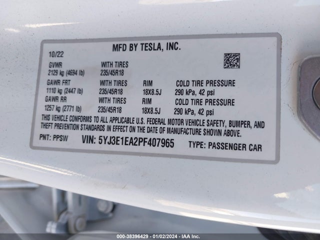 Tesla Model 3 Rear-wheel Drive 2023 5YJ3E1EA2PF407965 Image 9