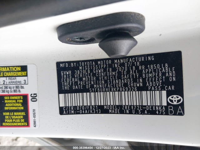 Toyota COROLLA LE 2019 5YFBURHE8KP869326 Image 9