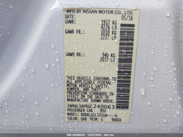 2016 NISSAN ALTIMA 2.5 S VIN: 1N4AL3AP6GC240063