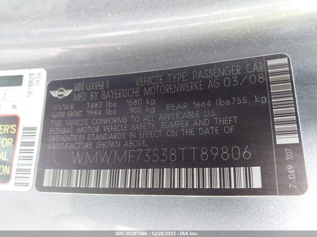 2008 MINI COOPER S WMWMF73538TT89806 Photo 8