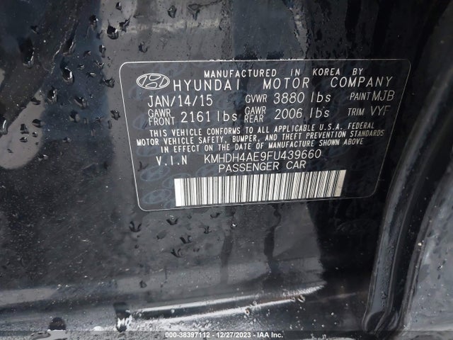 2015 HYUNDAI ELANTRA SE (ULSAN PLANT) VIN: KMHDH4AE9FU439660