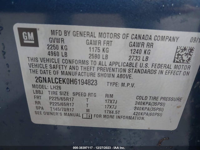 Chevrolet EQUINOX LT 2017 2GNALCEK0H6194823 Image 9