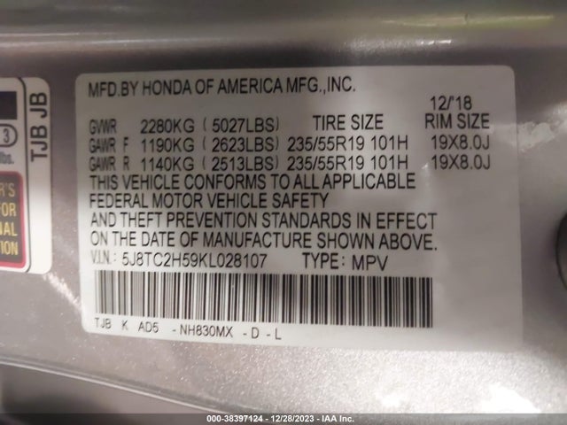 2019 ACURA RDX TECHNOLOGY PKG VIN: 5J8TC2H59KL028107