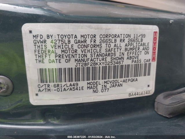 2000 TOYOTA CAMRY XLE V6 VIN: JT2BF28KXY0253467