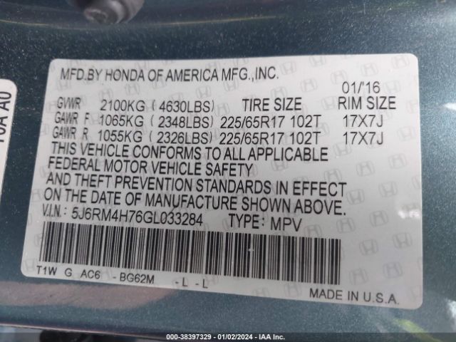 5J6RM4H76GL033284 Honda Cr-v Ex-l