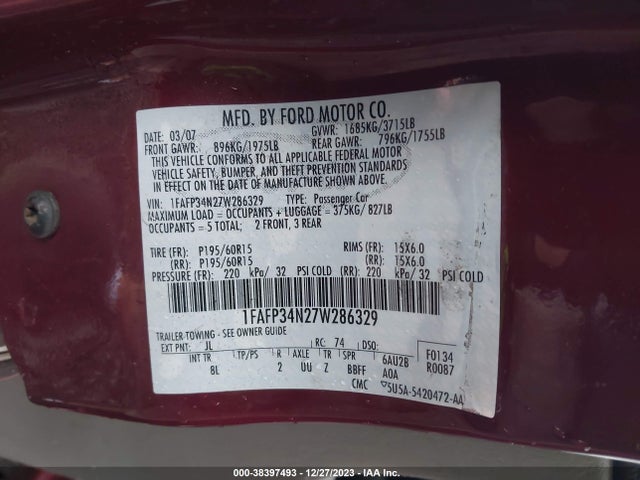 2007 FORD FOCUS ZX4/S/SE/SES VIN: 1FAFP34N27W286329