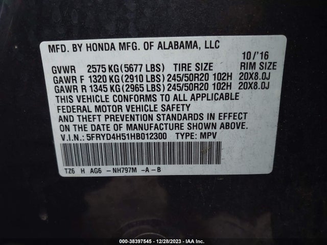 5FRYD4H51HB012300 Acura Mdx Technology Pkg