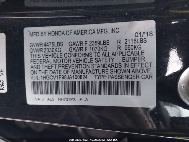 Honda Accord Touring 2018 1HGCV1F98JA100824 Image 9