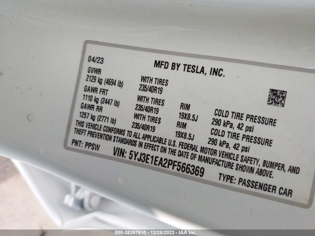 2023 TESLA MODEL 3 REAR-WHEEL DRIVE VIN: 5YJ3E1EA2PF566369