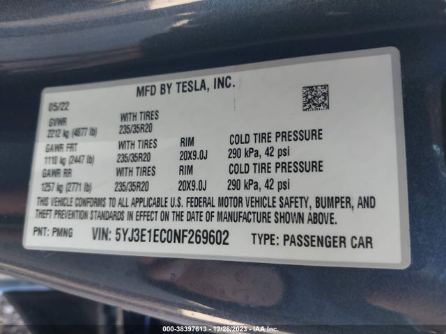 5YJ3E1EC0NF269602 Tesla Model 3 Performance Dual Motor All-wheel Drive