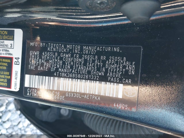 2008 TOYOTA AVALON LIMITED VIN: 4T1BK36B58U261332