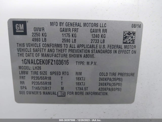Chevrolet Equinox 2lt 2015 1GNALCEK0FZ103616 Image 9