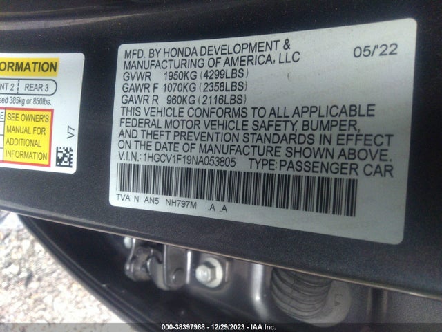 Honda ACCORD LX 2022 1HGCV1F19NA053805 Image 9