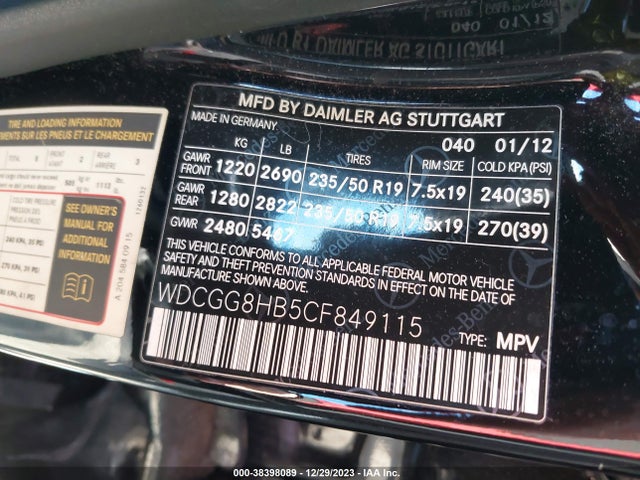 2012 MERCEDES-BENZ GLK 350 4MATIC VIN: WDCGG8HB5CF849115