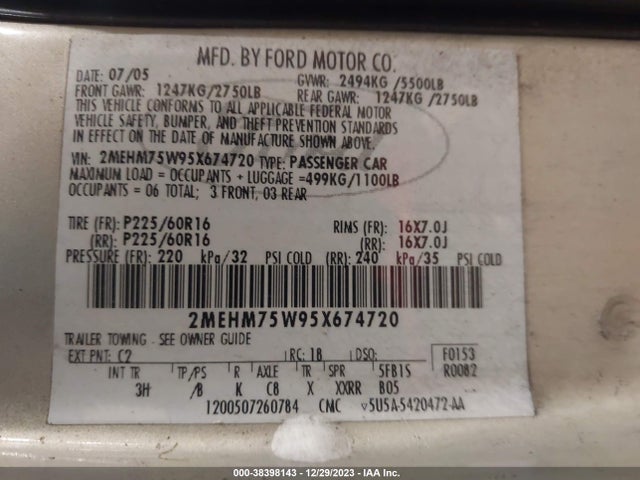 2005 MERCURY GRAND MARQUIS LS/LSE VIN: 2MEHM75W95X674720